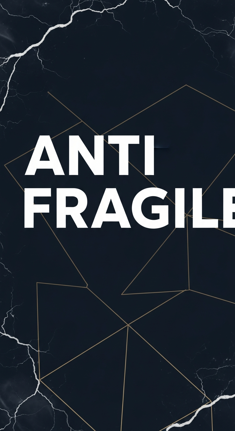 AI_IMAGE: A minimalist book cover design with bold typography spelling ANTIFRAGILE on a dark navy background with subtle golden geometric patterns and a cracked marble texture suggesting resilience and strength | minimalist | portrait