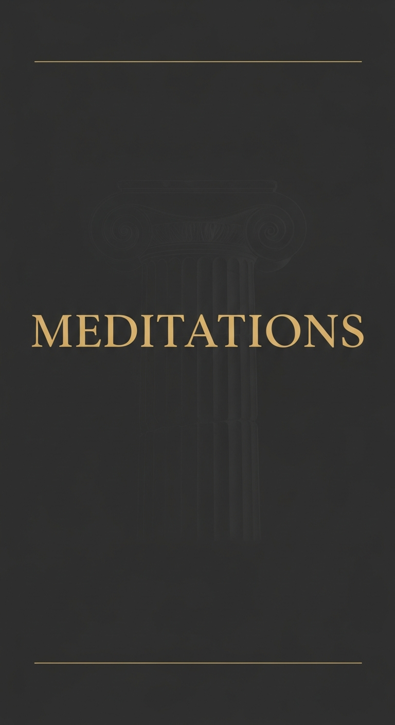 AI_IMAGE: A stoic minimalist book cover with the word MEDITATIONS in clean Roman-inspired serif font on a deep charcoal background with a faint marble column silhouette and thin gold line accents | minimalist | portrait