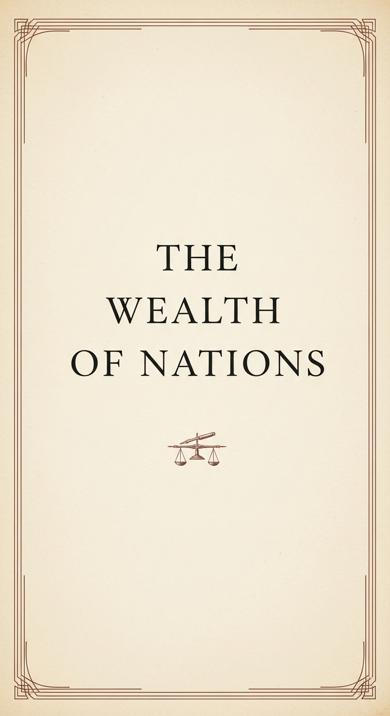 AI_IMAGE: A classical book cover design with elegant serif typography spelling THE WEALTH OF NATIONS on an aged parchment-toned background with subtle copper engraving-style decorative borders | minimalist | portrait
