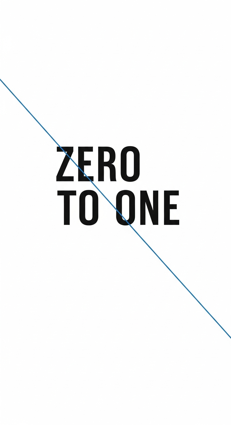 AI_IMAGE: A stark minimalist book cover with ZERO TO ONE in bold condensed sans-serif on a pure white background with a single thin blue diagonal line cutting across the composition | minimalist | portrait